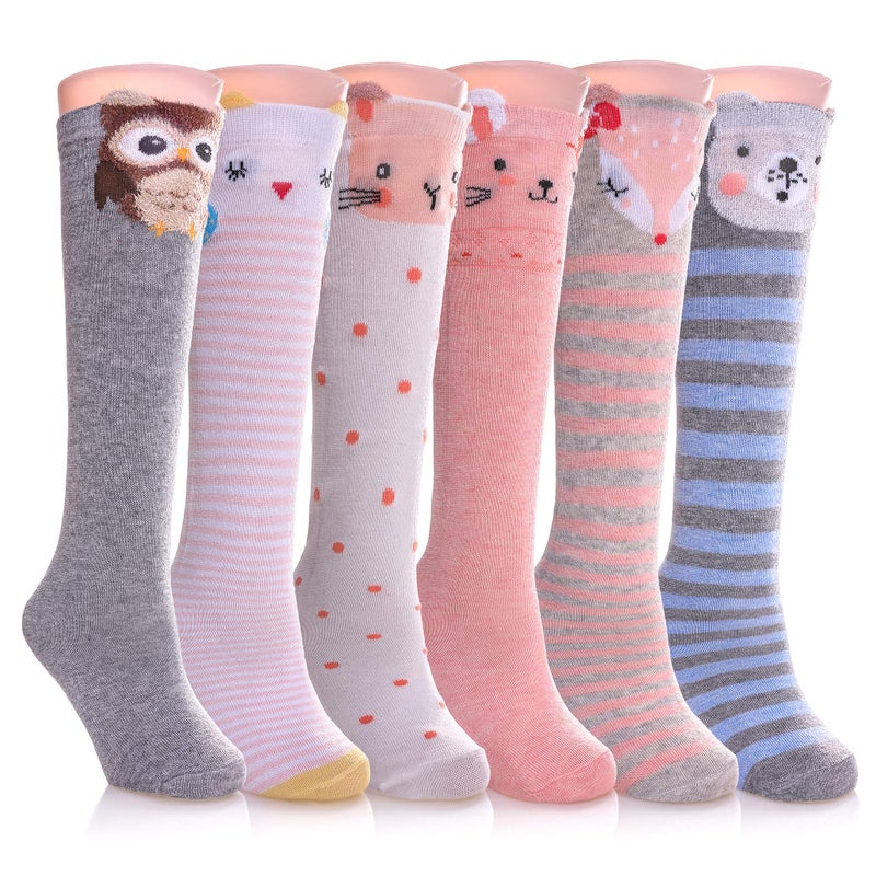 FNOVCO Girls Knee High Socks Kids Crazy Fun Gift Cute Animal Patterns Cotton Long Socks 6 Pairs (6 Pairs Cute Animal 01) - Image 1